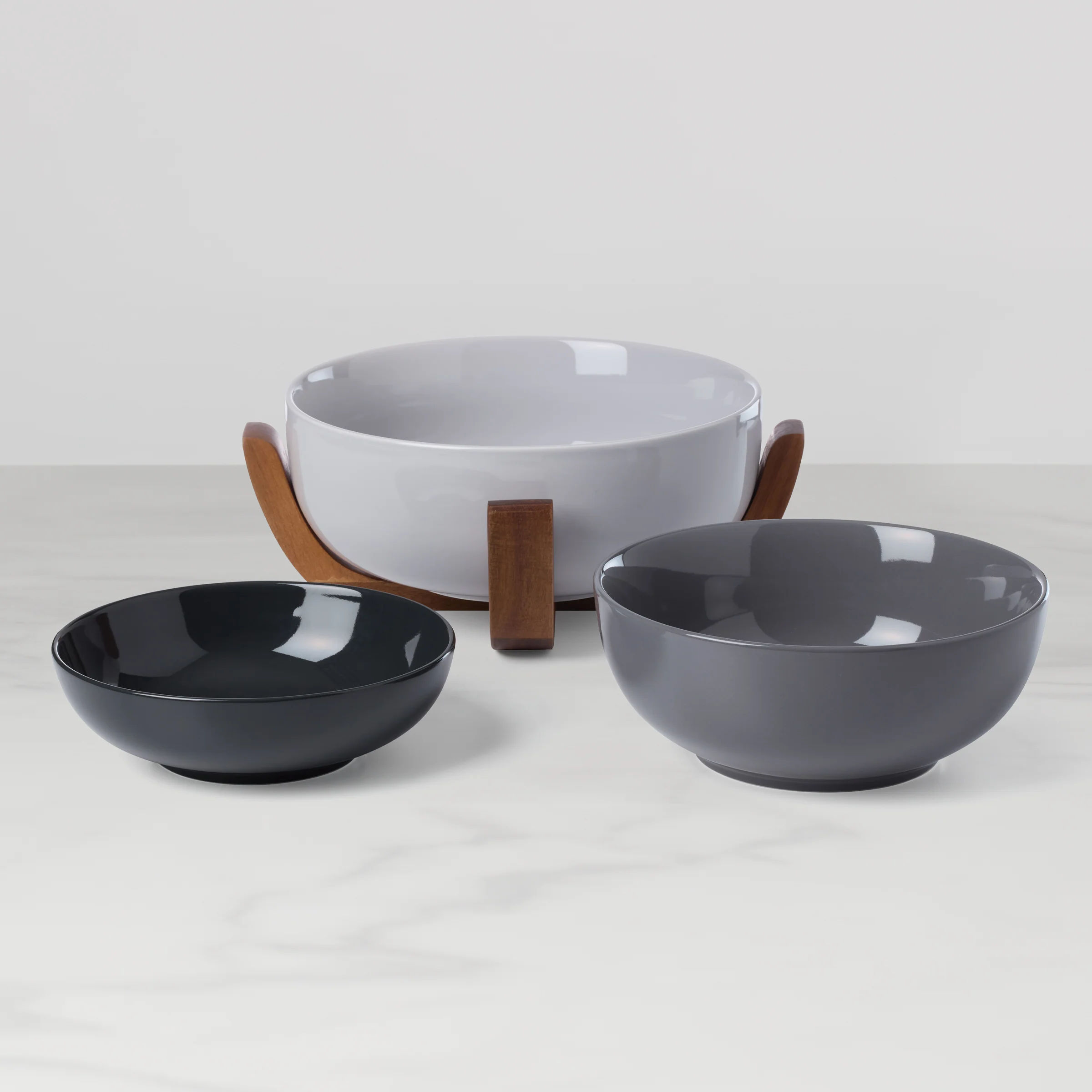 24 Seven Pumice 3-Piece Nesting Bowl Set with Wood Stand - Image 2