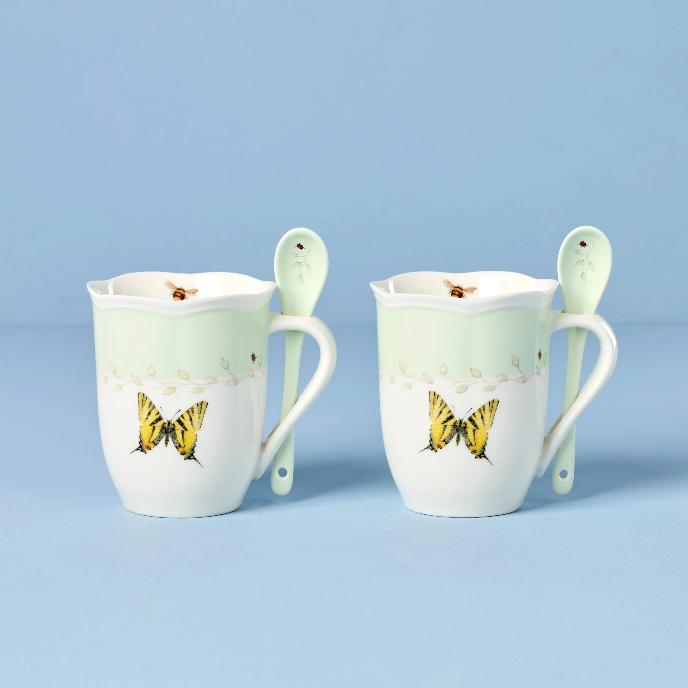 Butterfly Meadow Green Mugs with Spoons, Set of 2