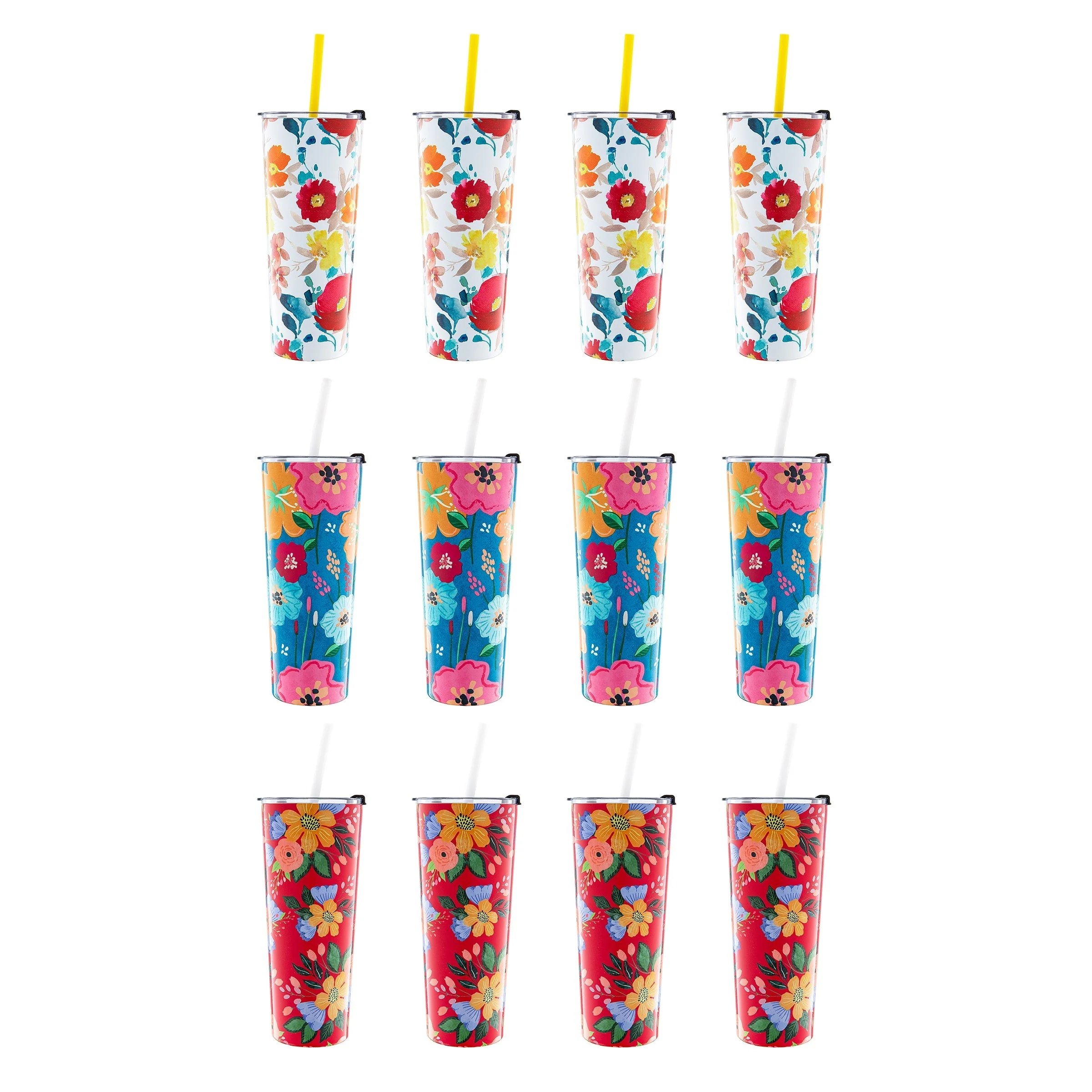 Floral Insulated Tumblers with Straws, Set of 12