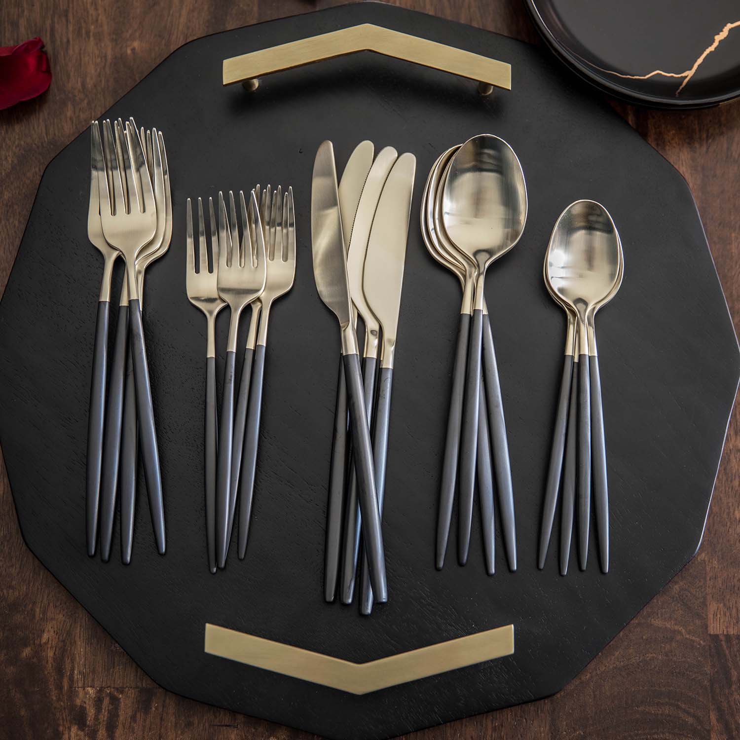 Gaze Black Champagne Satin 20-Piece Flatware Set - Image 2