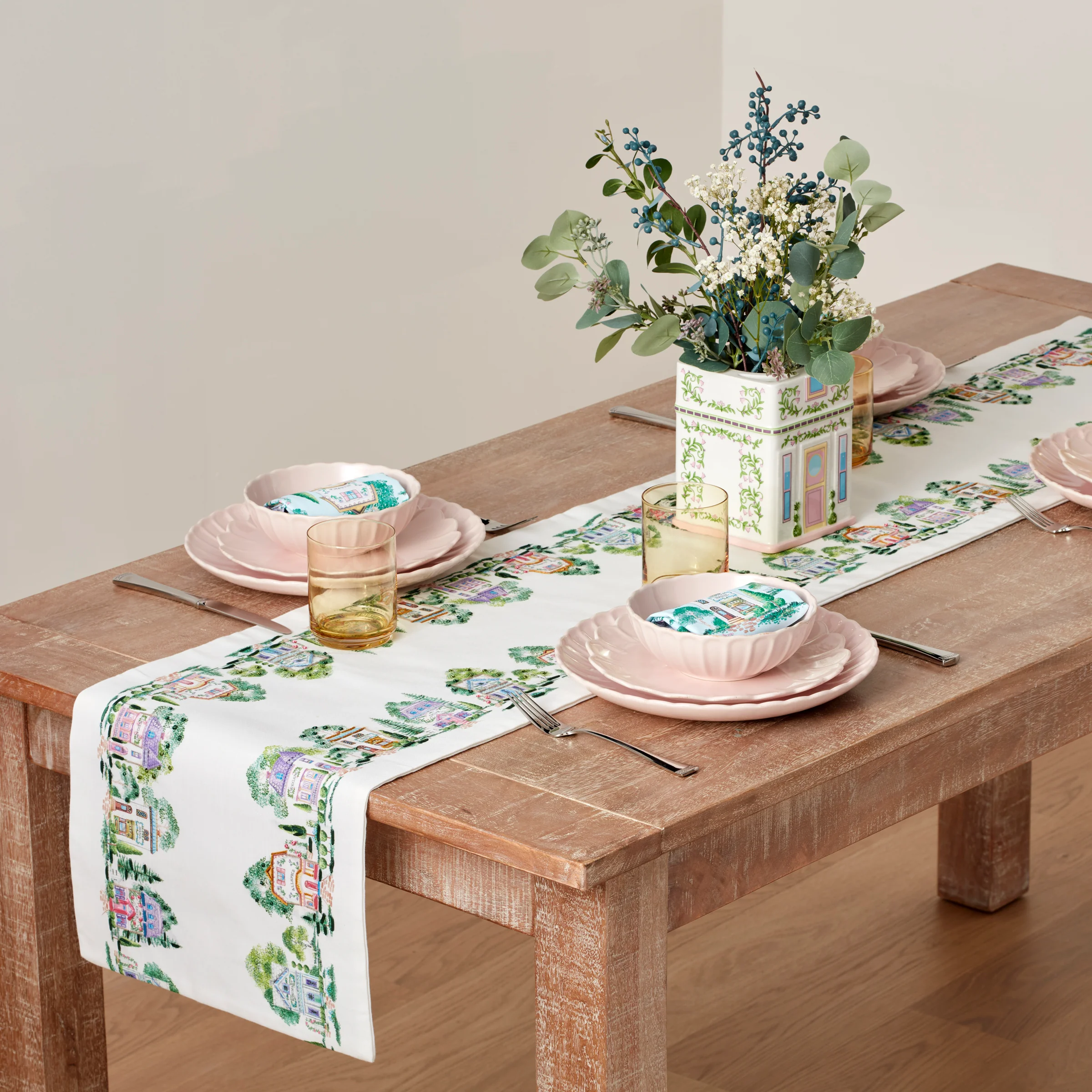 Lenox Spice Village Print Embroidered 14x70 Table Runner