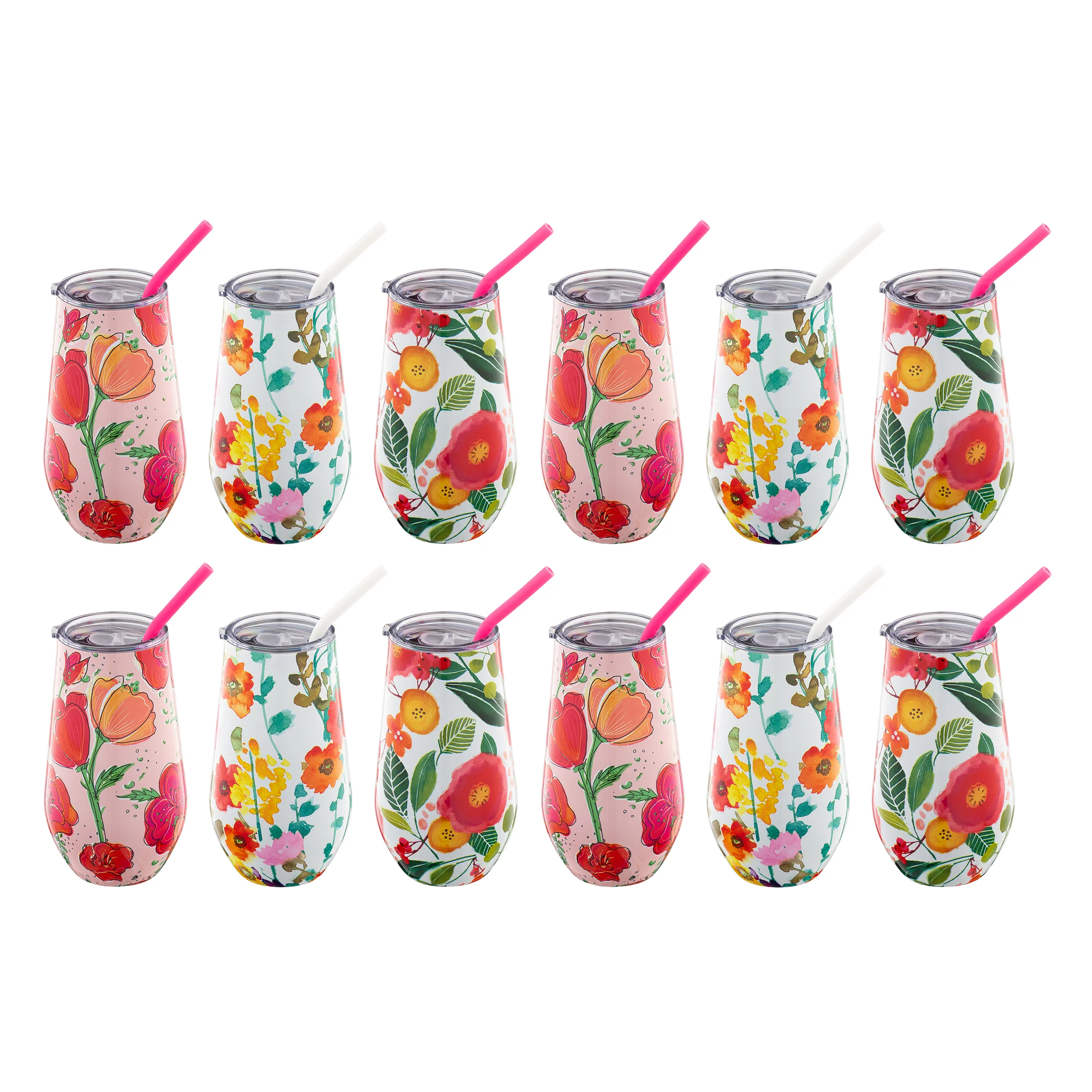 Floral Wine Tumbler With Straw, Set of 12