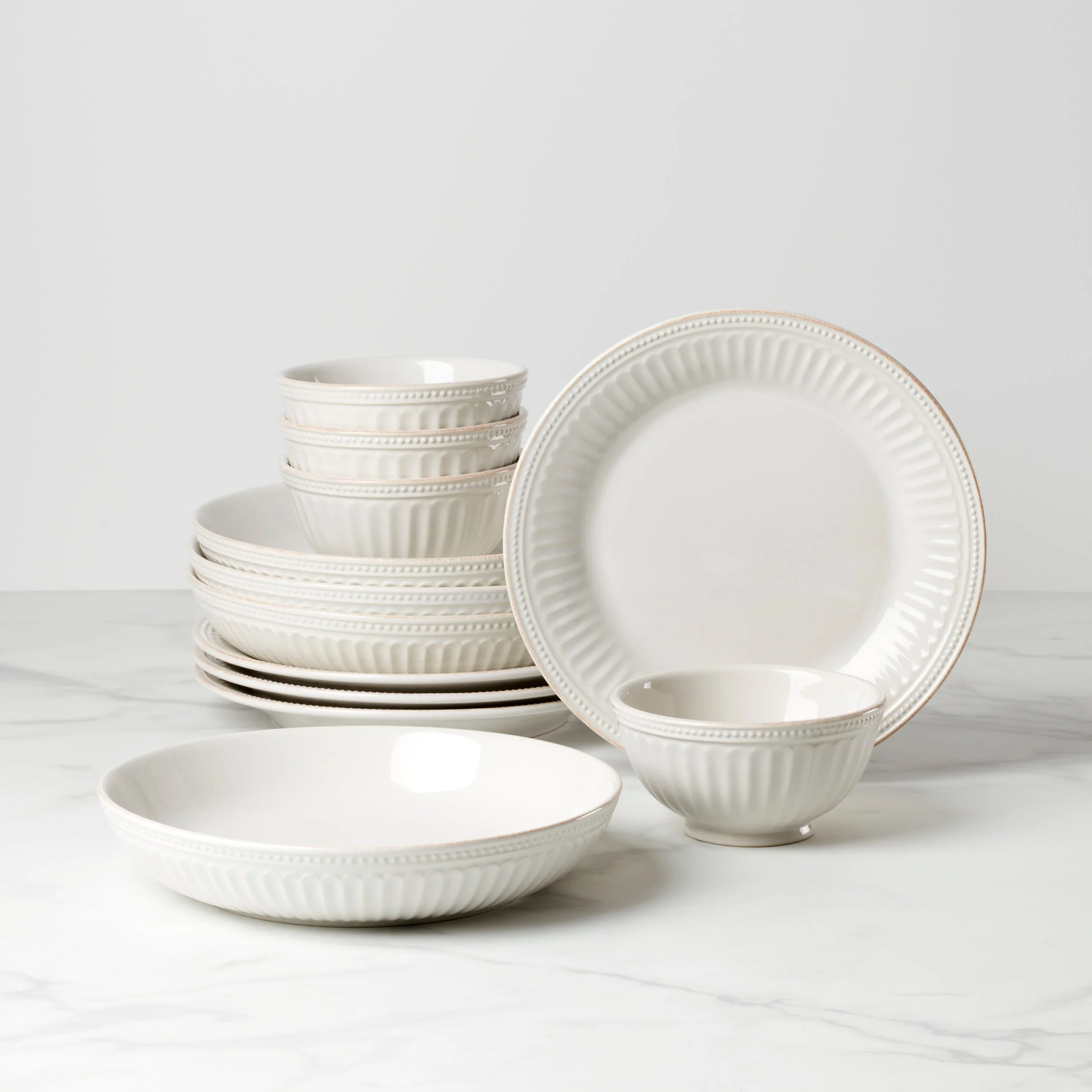 French Perle Groove White 12-Piece Dinnerware Set