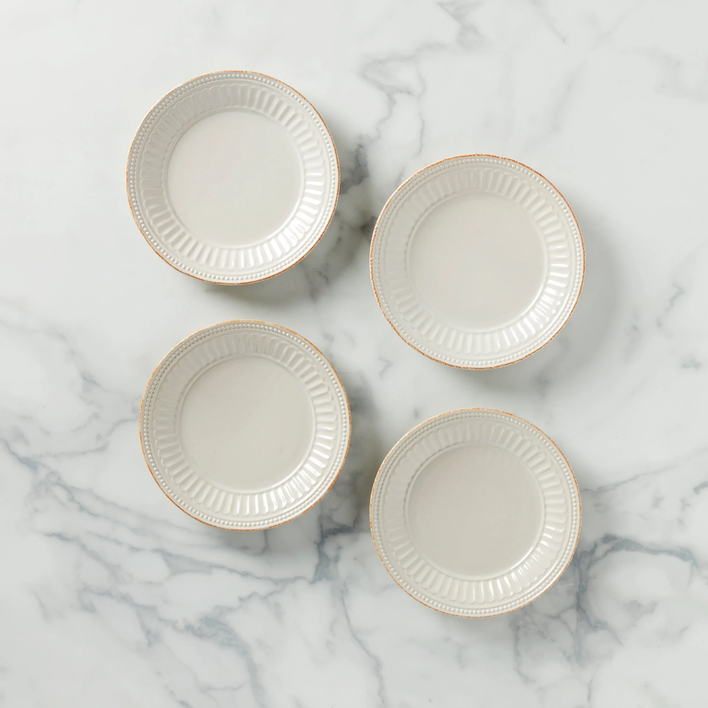 French Perle Groove White Dessert Plates, Set of 4