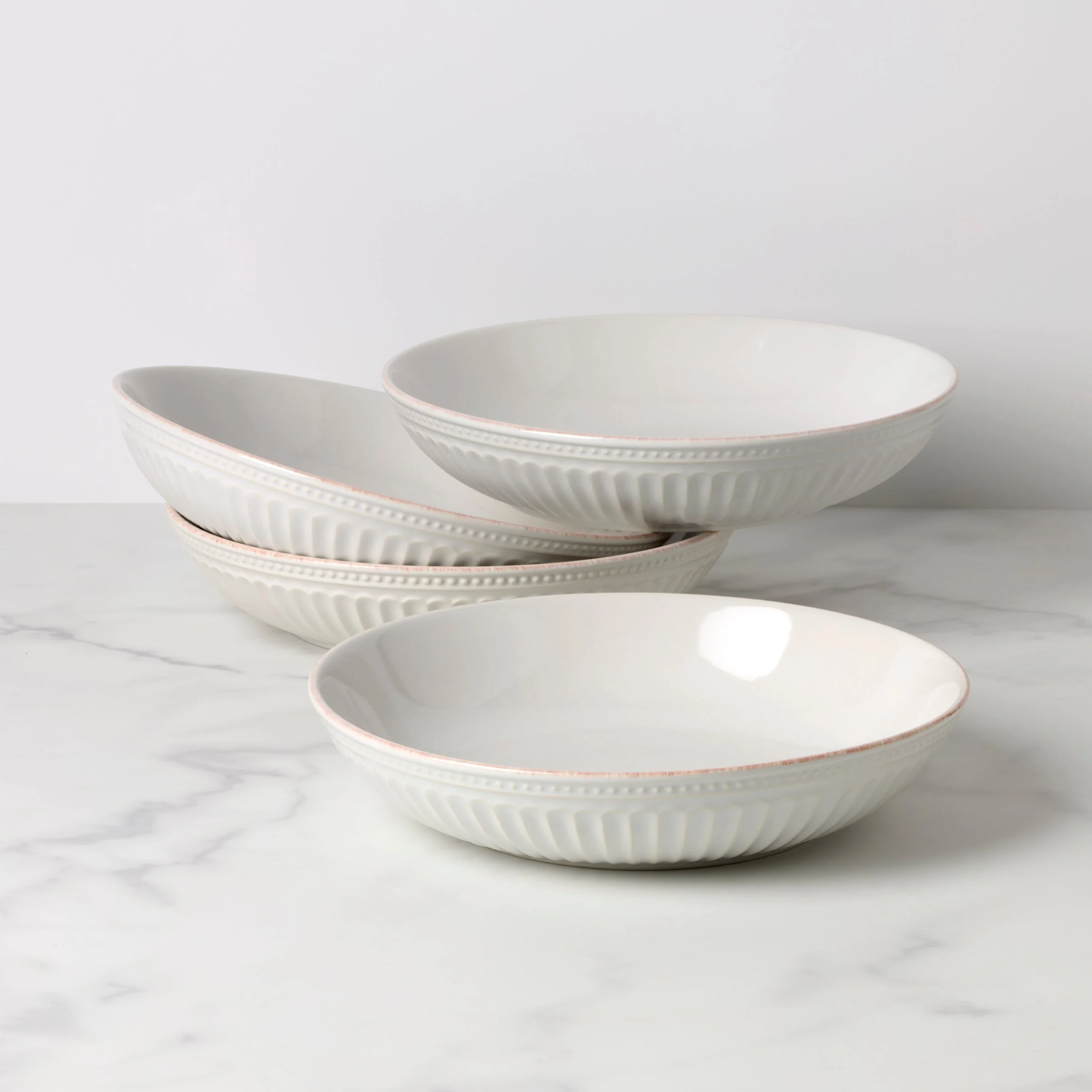 French Perle Groove White Dinner Bowls, Set of 4