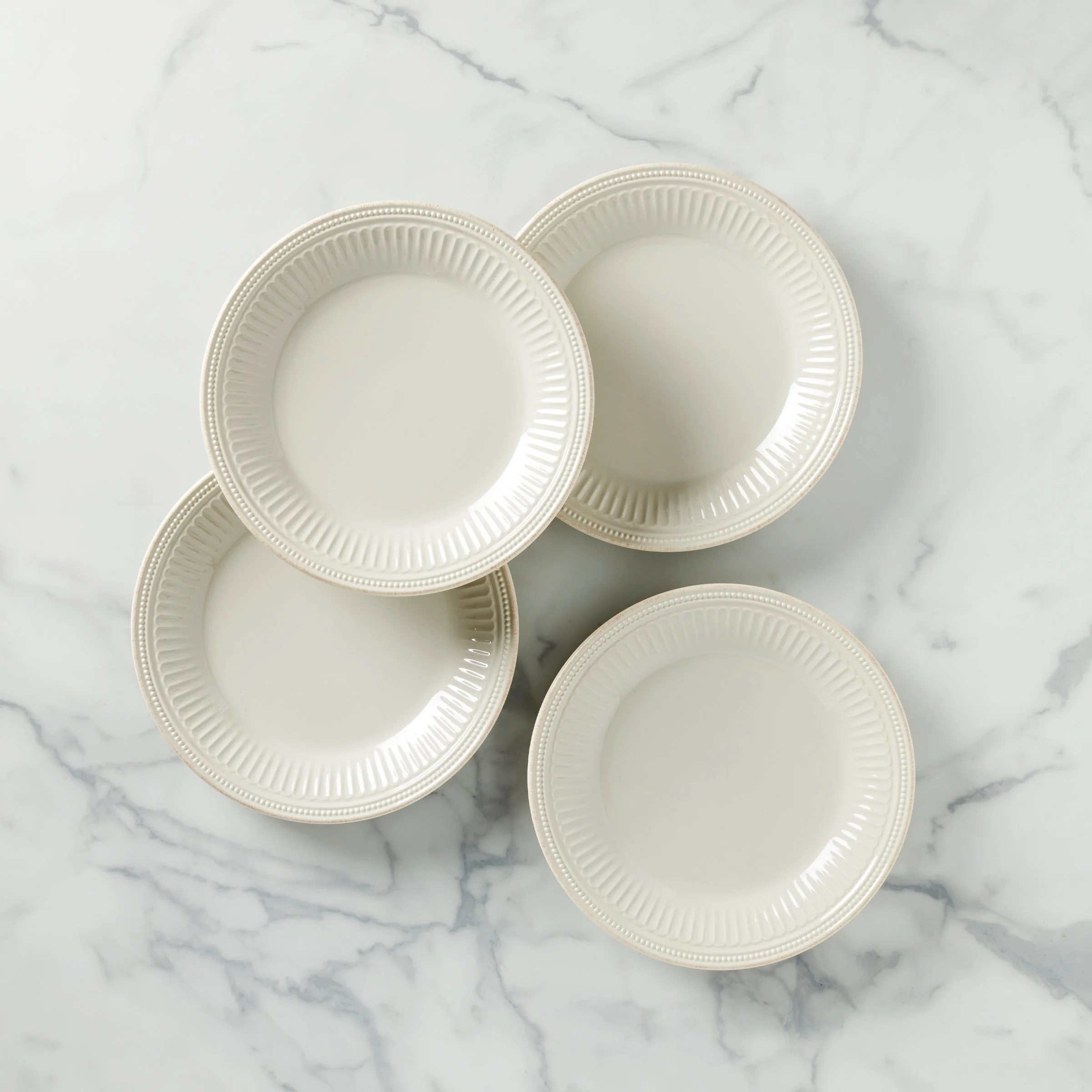 French Perle Groove White Dinner Plates, Set of 4