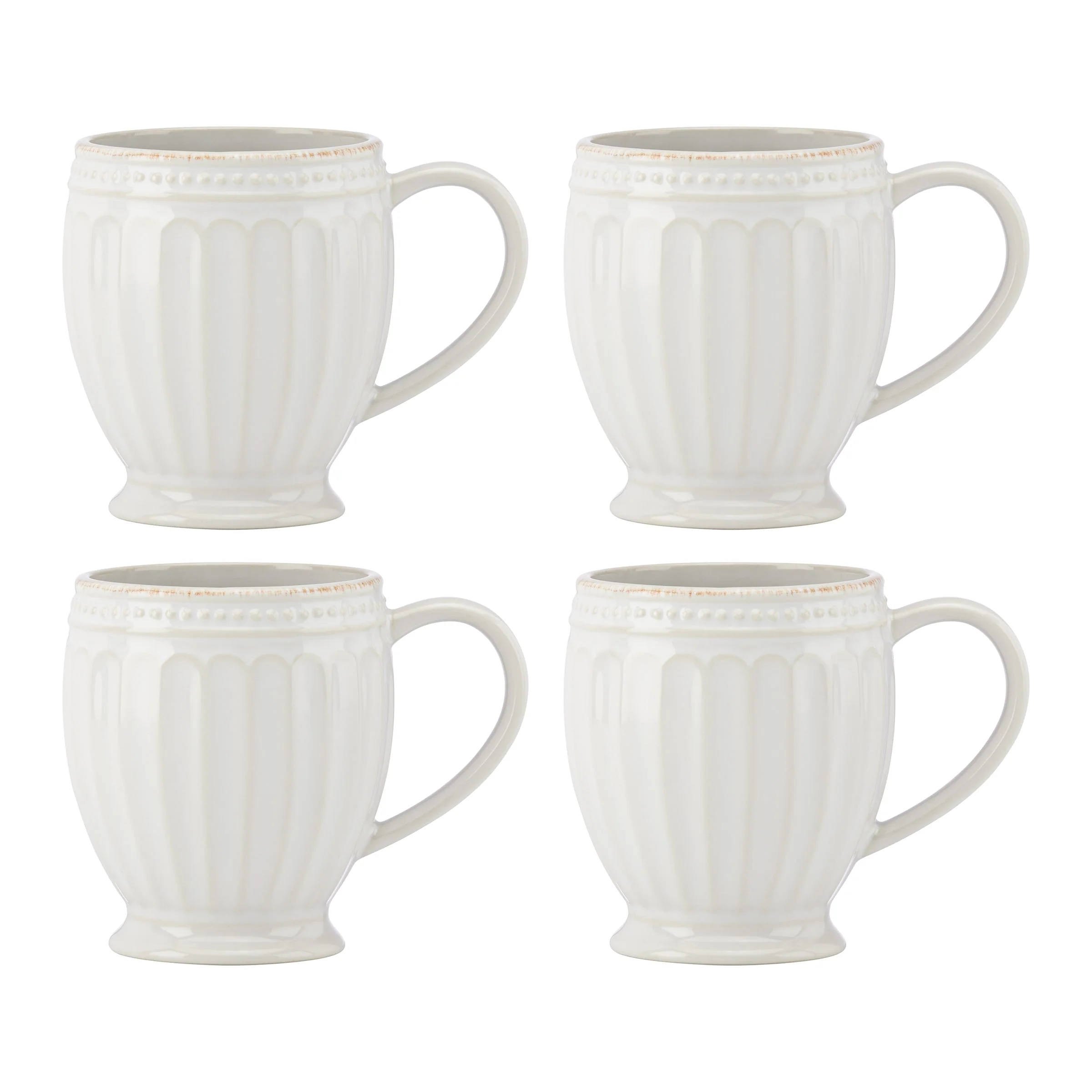 French Perle Groove White Mugs, Set of 4