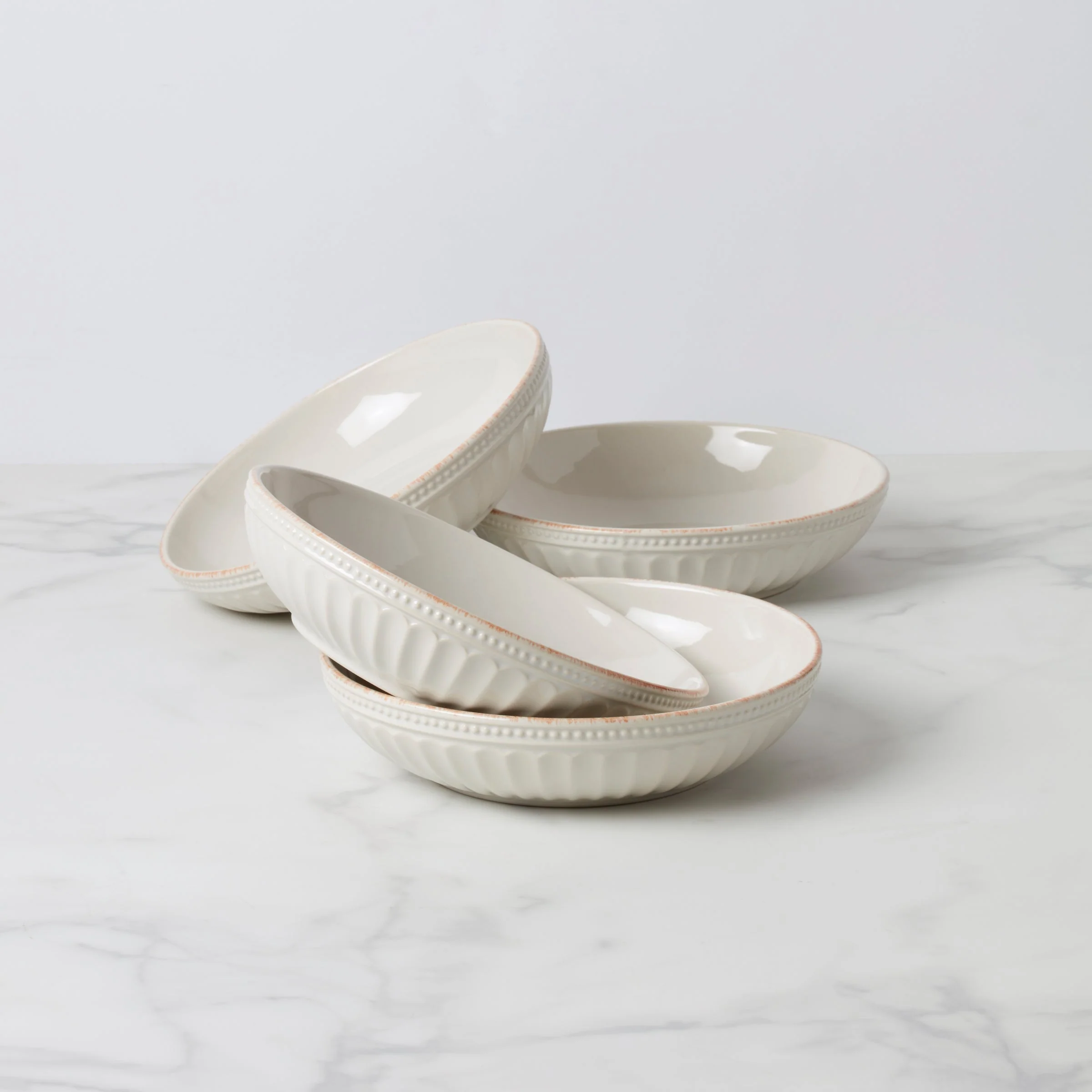French Perle Groove White Pasta Bowls, Set of 4