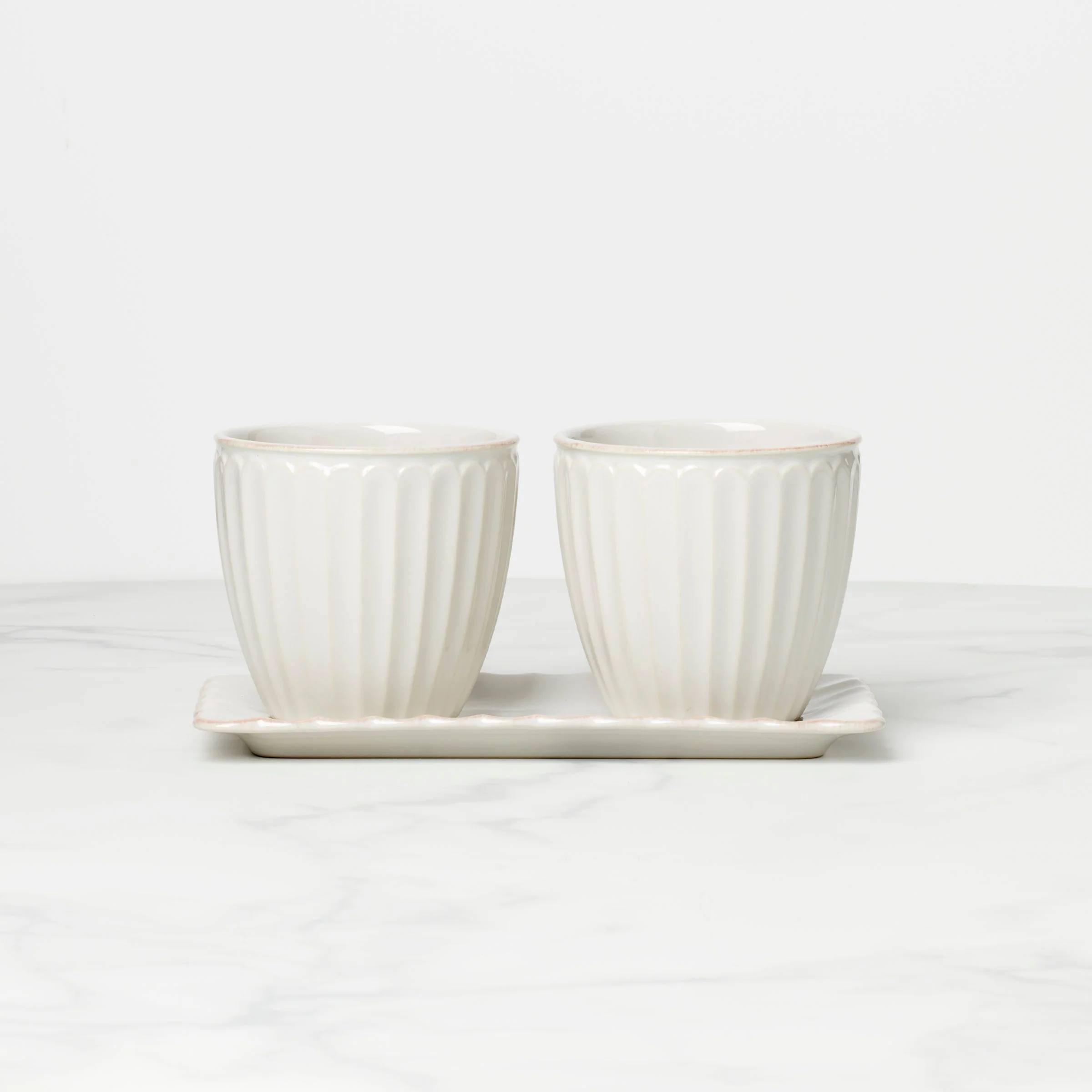 French Perle Scallop White 3-Piece Herb Pot Set