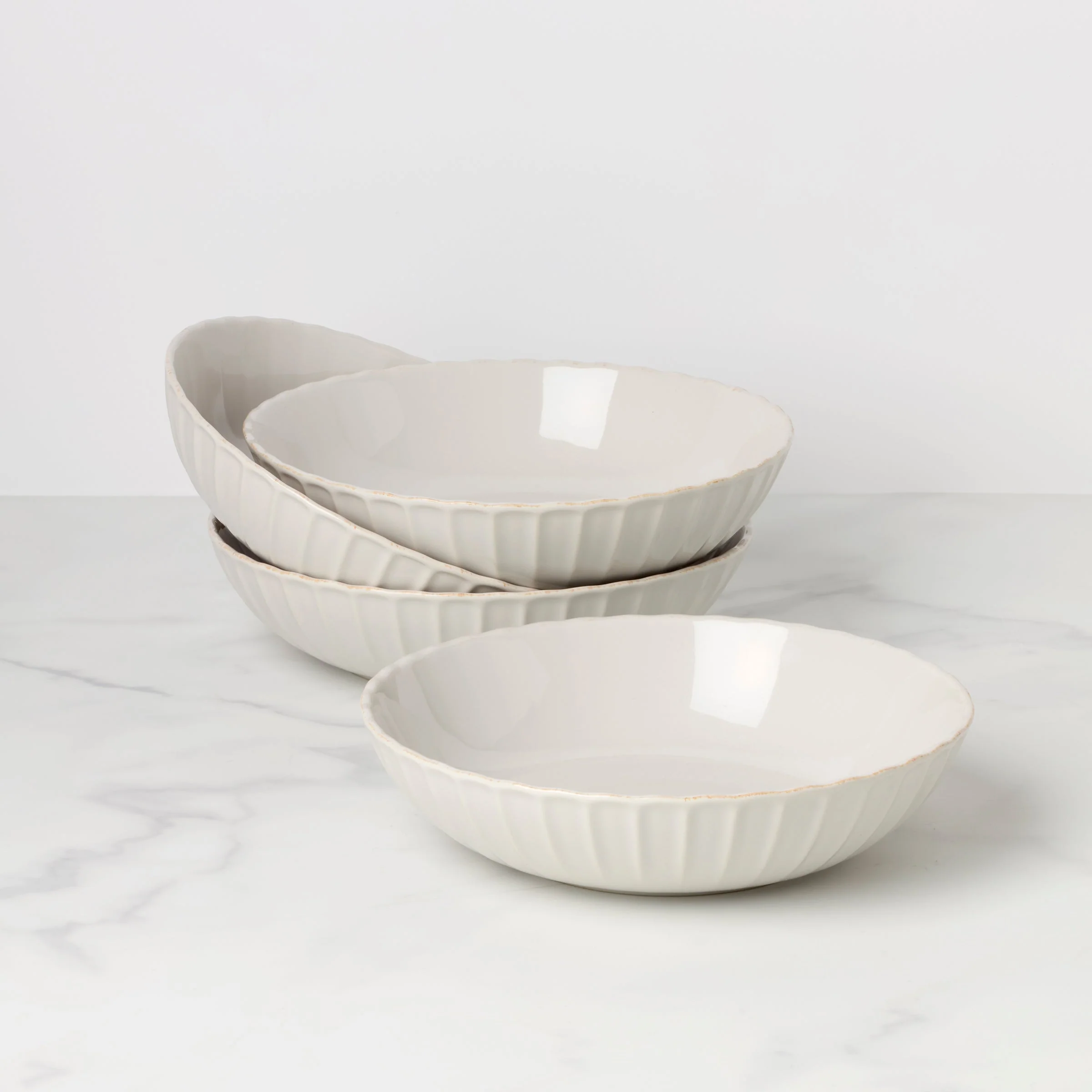 French Perle Scallop White Pasta Bowls, Set of 4