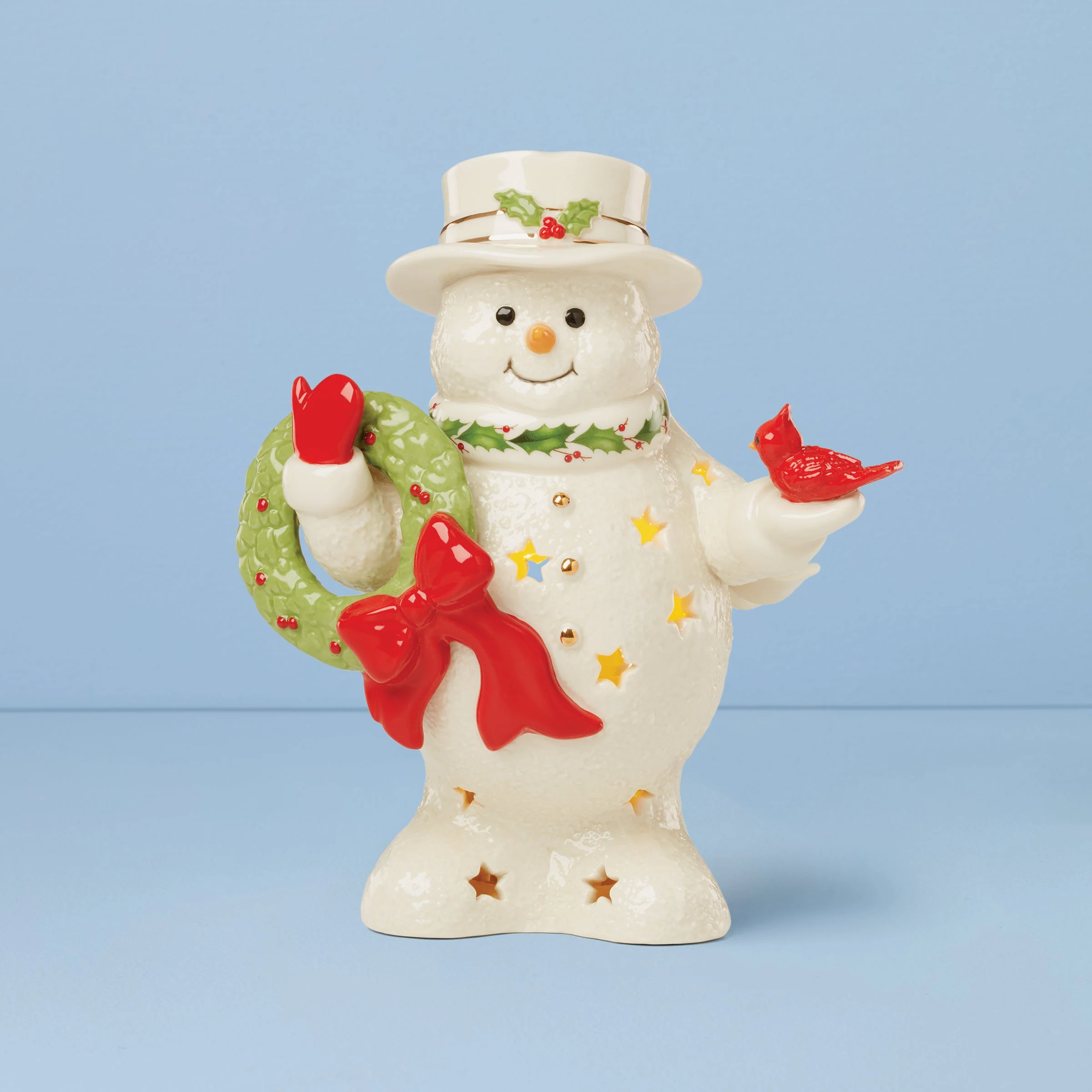 Happy Holly Days Snowman Holding Wreath Figurine